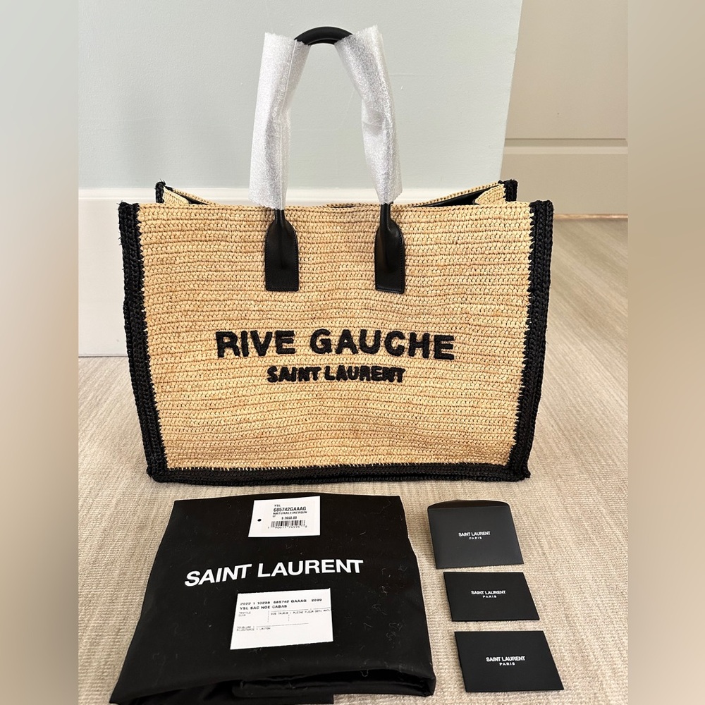 Saint Laurent Rive Gauche raffia tote bag.